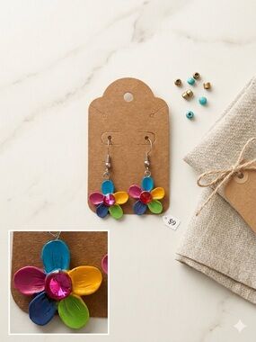 Vibrant  Flower Dangle Earrings with Pink Rhinestone Center